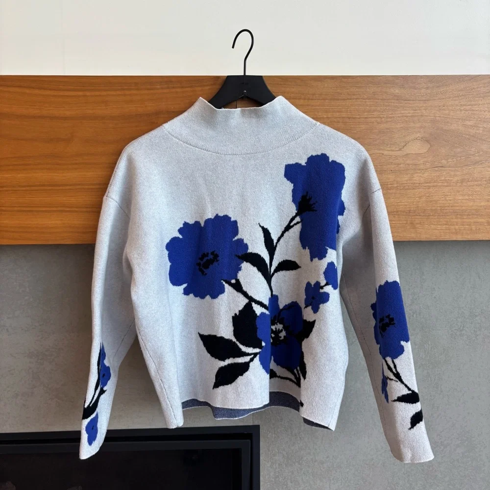 Anthropologie Maeve Carys Blue Floral Mock Neck Sweater, Size M - Picture 3 of 10